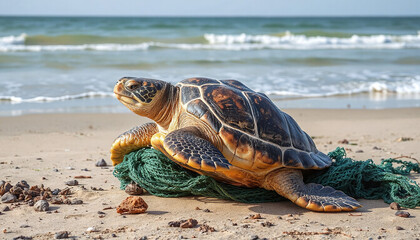 Sea Turtle Entangled in Fishing Net on Sandy Beach