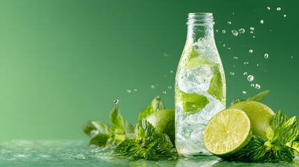 Refreshing Lime and Mint Drink: Close-up of a clear glass bottle with ice and fresh ingredients