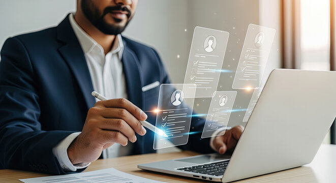 Modern HR Technology: Businessman Reviews Digital Candidate Profiles on Laptop for Recruitment, Talent Acquisition, and Human Resources Management.