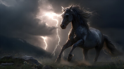 Galloping horse animated powerful run dramatic dusty landscape