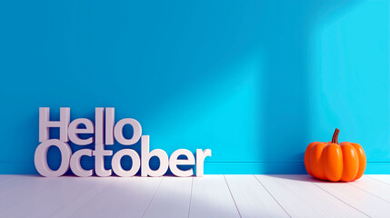 3d text hello october with bright orange pumpkin on blue background, combining minimalism with vibrant autumn spirit