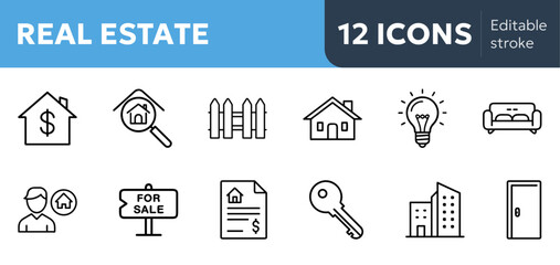 Real Estate icons, featuring home symbols and other related images