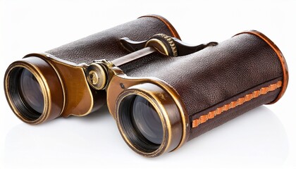 vintage binoculars with leather case isolated on white background