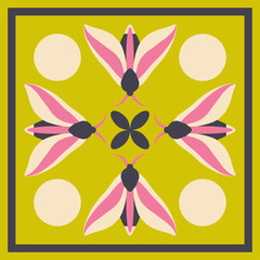 Symmetrical butterfly-inspired vector pattern with pink, blue, and beige on mustard yellow