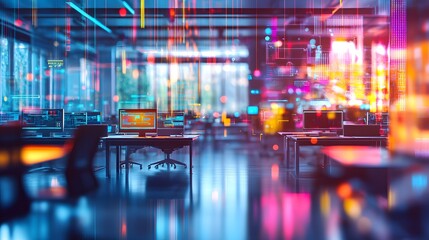 Interior view of a modern office space with holographic displays.