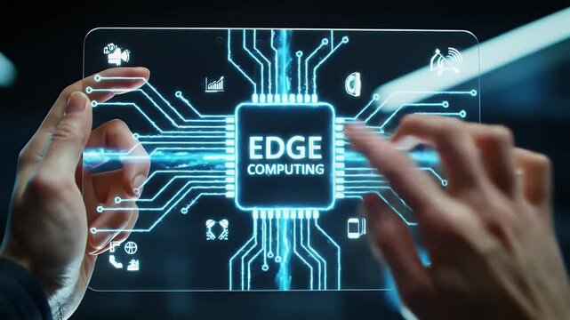 Hands Interact with Glowing Edge Computing Interface on Transparent Screen Over Dark Background Featuring Digital Icons and Futuristic Design Elements