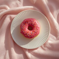 Delicious pink donut with colorful sprinkles rests on a white plate with a soft pink background, perfect for a sweet treat.