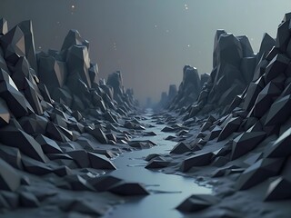 A stark, polygonal landscape shows a narrow river cutting through jagged, rocky cliffs under a soft, moody, overcast sky.