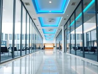 Illuminated interior hallway with glass walls presents a modern, spacious architectural design ideal for office, hotel, or corporate settings.
