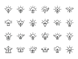 Creative Culinary Idea Icons Set – Minimal Line Style Lightbulb and Chef Hat Food Concept Icons for Cooking Innovation, Restaurant Branding, and Kitchen Creativity Design