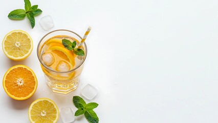 A glass of citrus-infused sparkling water with ice cubes and mint leaves is presented on a white background surrounded by fresh orange and lime slices to highlight freshness and flavor.
