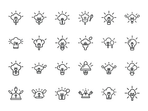 Creative Culinary Idea Icons Set – Minimal Line Style Lightbulb and Chef Hat Food Concept Icons for Cooking Innovation, Restaurant Branding, and Kitchen Creativity Design