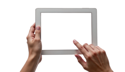 Hand man holding tablet with mockup blank screen isolated on transparent background