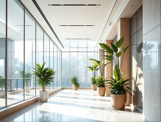 Serene office space featuring potted plants, natural light, and a bright contemporary interior design providing a calming atmosphere.
