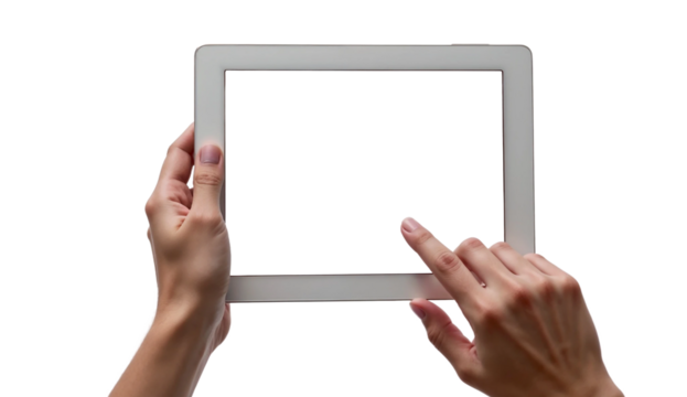 Hand man holding tablet with mockup blank screen isolated on transparent background