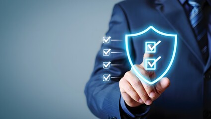 Quality management with Quality Assurance or QA and Quality Control or QC and improvement. Standardization and certification concept. Compliance to regulations and standards. Concept with manager.