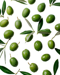 Green olives and olive leaves falling on black background