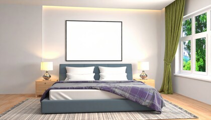 Contemporary bedroom with empty wall for frame mockup and soft daylight from large windows