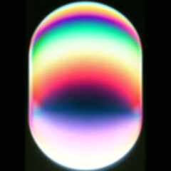 Minimalist illustration in a futuristic, abstract style. Features a glowing oval with neon gradients: pink, blue, purple, and yellow on black. Theme: digital, modern, geometric shapes.  