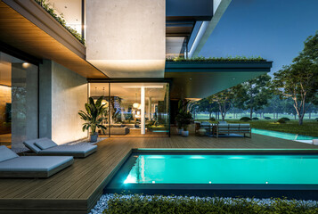 3d rendering of two-story house with concrete facade in night