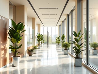 Modern interior with potted plants and large windows showcasing nature, creating a bright, elegant and tranquil atmosphere.