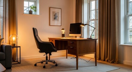 Interior shot of a home office with a desk, chair, and computer.