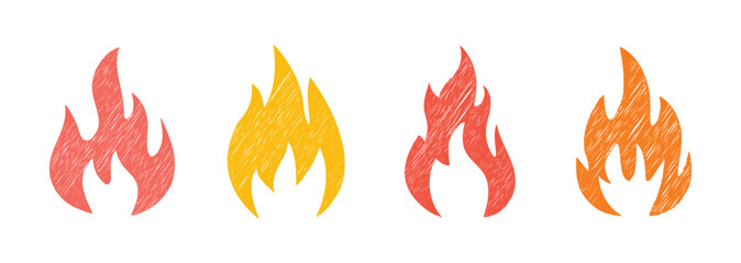 Crayon drawn red fire flames icons collection. Crayon vector logo. Hot fire on white background. Hand drawn doodle flames stickers.