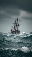 Fototapeta premium Historic sailing ship battling stormy seas under dark skies