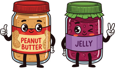 Charming Cartoon Peanut Butter and Jelly Jars with Faces, One Giving Thumbs Up and the Other a Peace Sign, Symbolizing Delicious Pairings and Friendship.