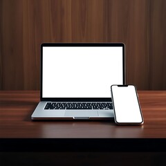 Modern laptop with blank screen alongside a sleek smartphone on a wooden desk showcasing technology