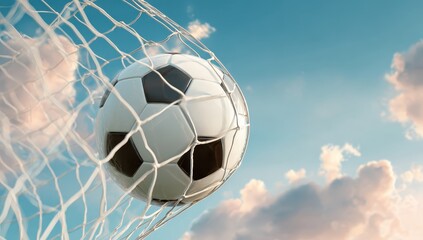 Soccer ball in net against a cloudy, blue sky