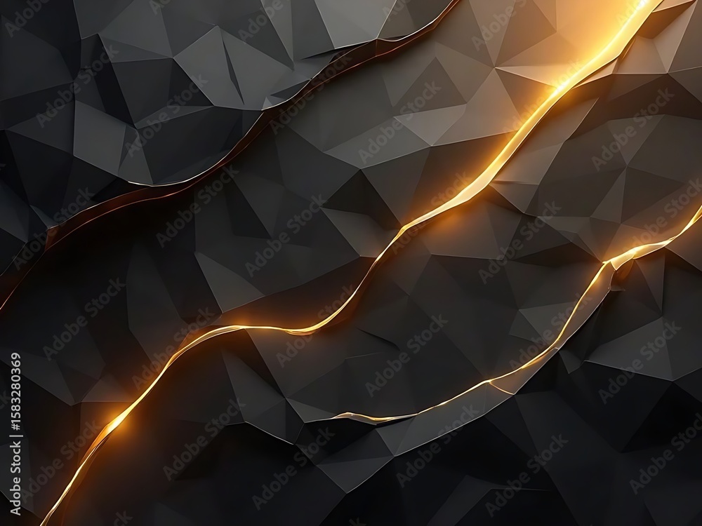 Fototapete abstract geometrical backdrop with golden glowing lines illuminating dark polygonal shapes, creating
