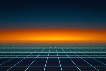 Background of blue neon grid with sunrise horizon and retro grain effect