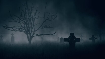 Spooky Halloween Cemetery Shrouded in Mist and Mystery