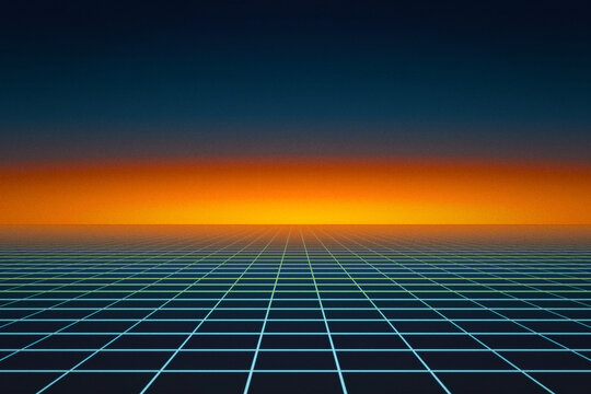 Background of blue neon grid with sunrise horizon and retro grain effect