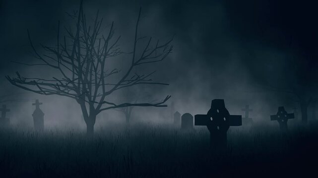 Spooky Halloween Cemetery Shrouded in Mist and Mystery