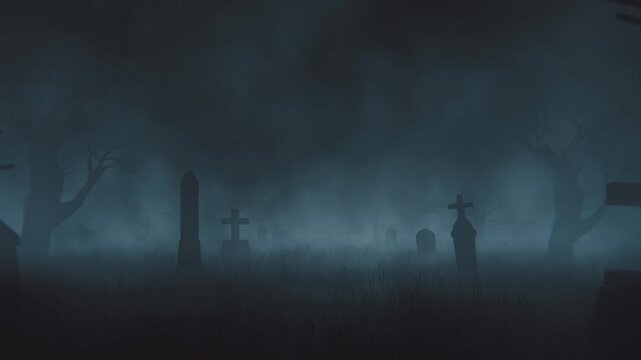 Spooky Halloween Cemetery Shrouded in Mist and Mystery