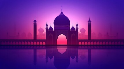 Naklejka premium Silhouette of a mosque at dawn, reflected in water