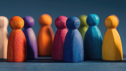 Colorful wooden figurines in a group