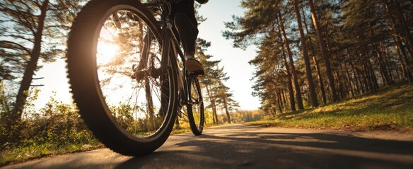 The cyclist navigating a scenic forest trail during sunset.