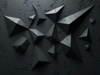 Dark geometric shapes on a rough textured surface create a modern abstract background.