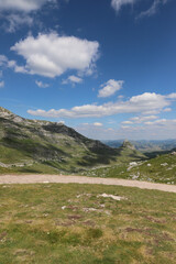 Durmitor National Park, trail to Bobotov Kuk mountain. Beautiful panorama of Montenegro.