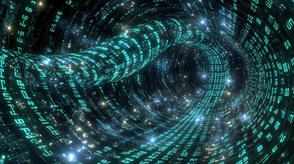 Digital data tunnel swirling with glowing turquoise code.