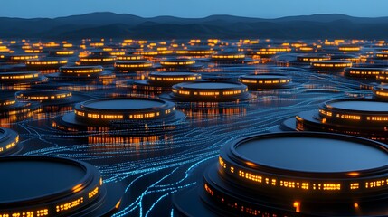 Futuristic cityscape of circular structures at night.