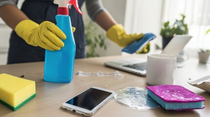 Cleaning Supplies and Tools on Desk with Laptop and Smartphone