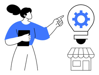 Woman holding tablet and pointing at gear in lightbulb above storefront. Ideal for business strategy, innovation, marketing, entrepreneurship, problem-solving, technology, and growth planning. Simple