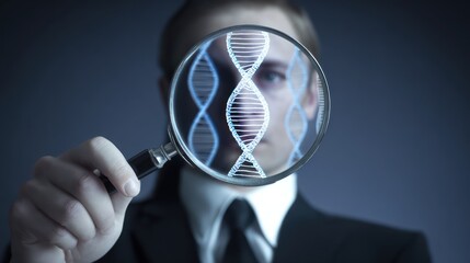 Businessman Analyzing DNA Structure Through Magnifying Glass Concept