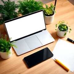 Creative workspace setup featuring a laptop, smartphone, stationery, and vibrant potted plants on a light wooden desk