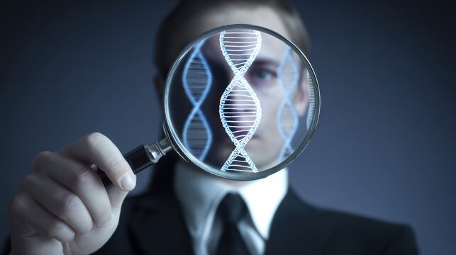 Businessman Analyzing DNA Structure Through Magnifying Glass Concept