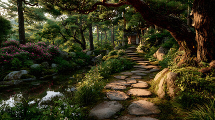 Obraz premium Serene path winds through a lush Japanese garden, leading to a traditional house amidst vibrant green foliage and tranquil water.